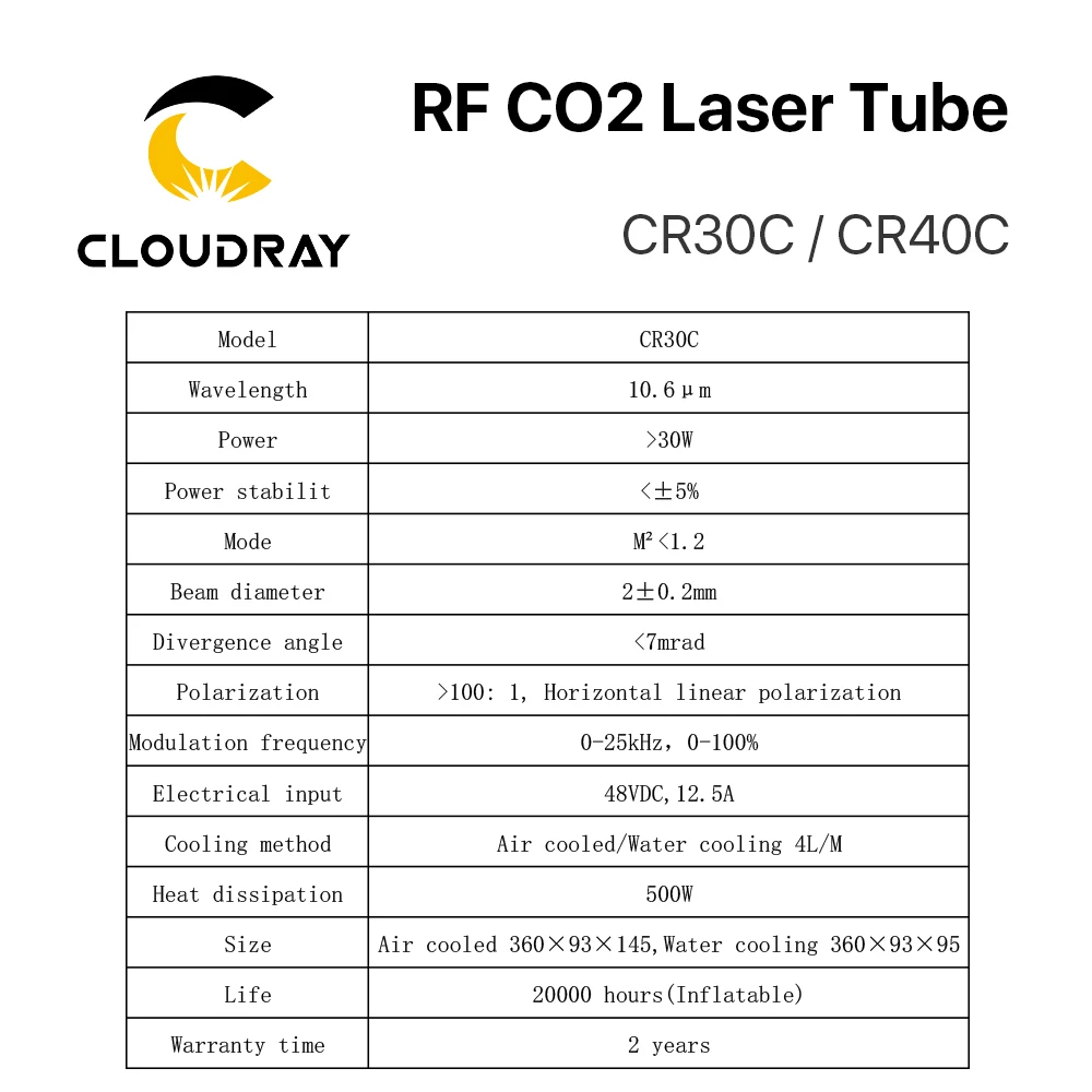 Cloudray 30 Вт 40 CRD CO2 лазерная трубка CR30C / CR40C RF для лазерной гравировки маркировочной