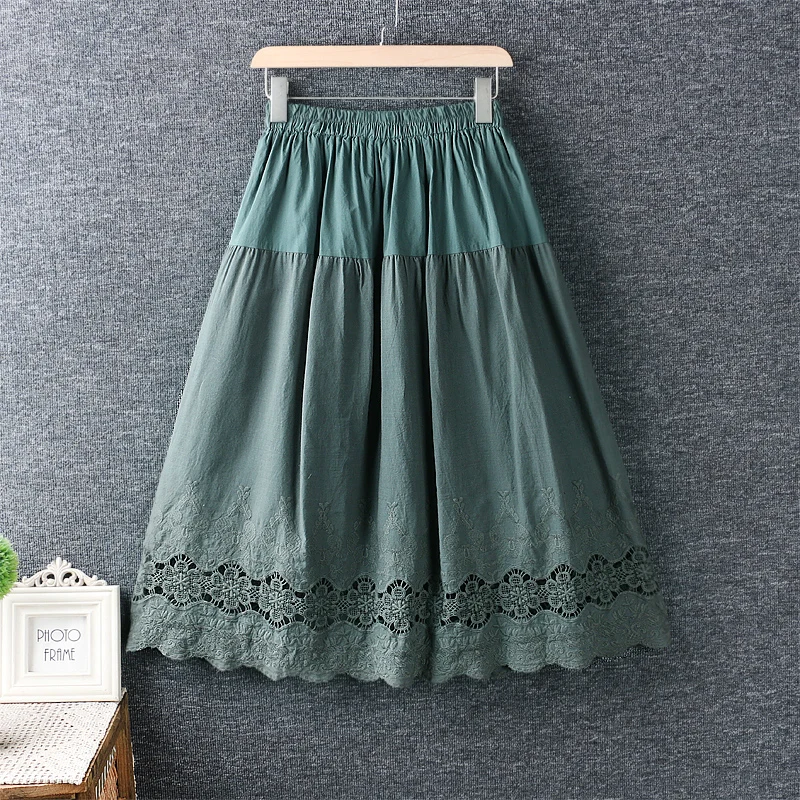 

Lamtrip Vintage Cotton Embroidery Solid A-Line Skirt Saia Female