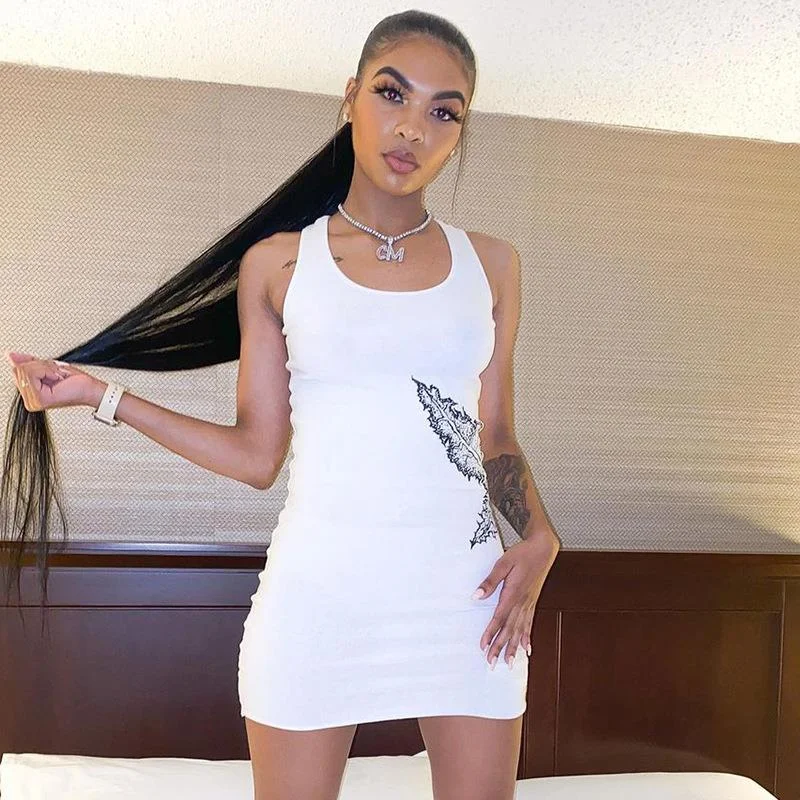 

New Women Dress High Waist Skinny Dress Woman Sexy Club Slim Sleeveless Party Dresses Female Square Neck Print Woman Clothes