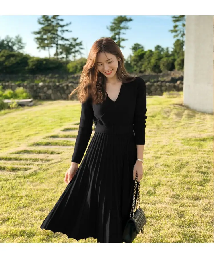 

Elegant Korean Women Knitted Dresses Spring Solid Color Mid Dress Fashion Casual Female Vestidoes Office Lady Dresses