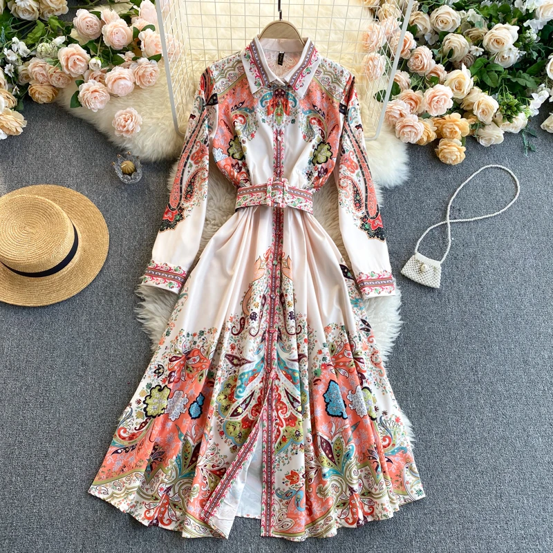 

Bohemian amorous feelings restoring ancient ways is printed lapel long-sleeved show thin vacation trip with loose dress