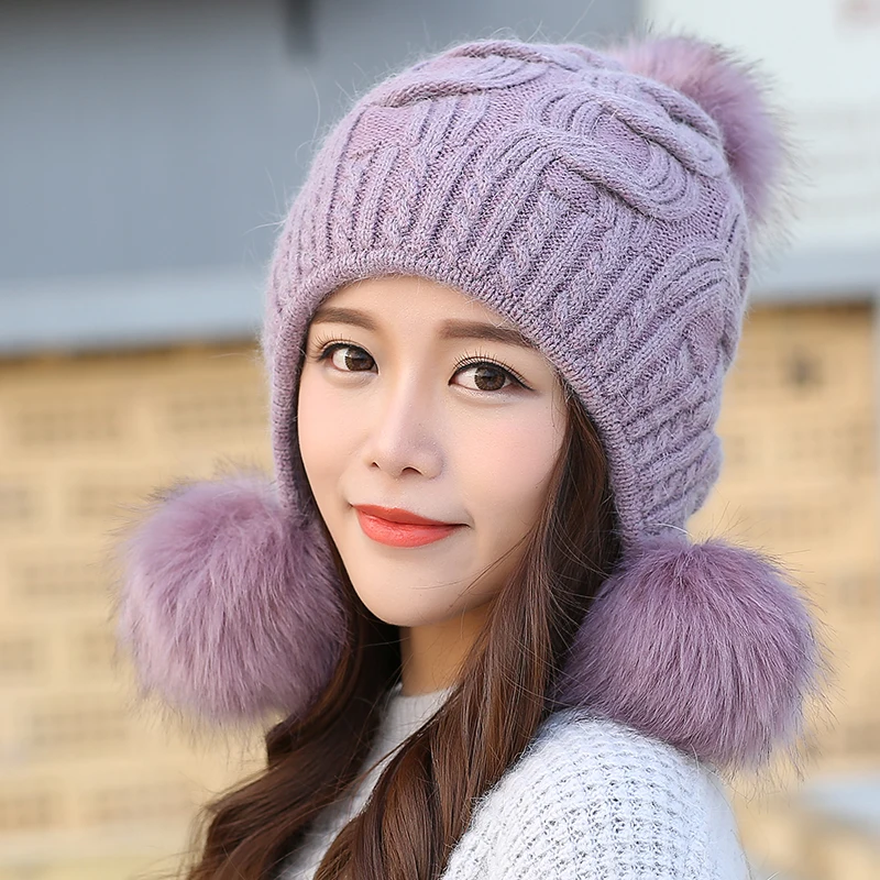 Зимняя вязаная двухслойная плотная теплая шапочка женские милые меховые шапочки