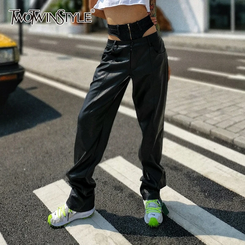 TWOTWINSTYLE женские джинсовые брюки из искусственной кожи в стиле пэтчворк с высокой