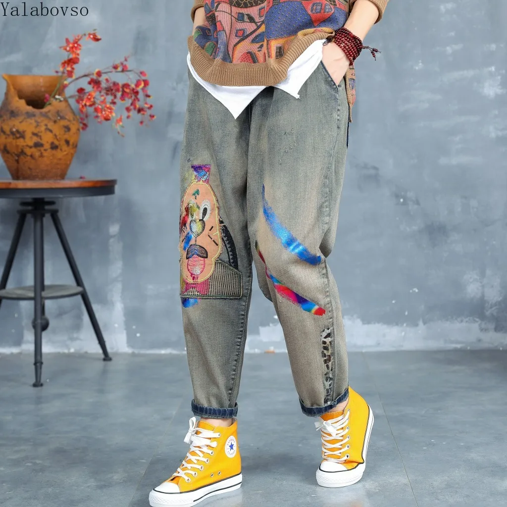 Женские джинсы в стиле ретро с высокой талией шаровары вышитым принтом большого