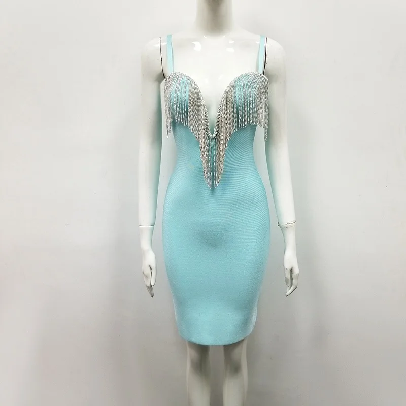 2019 Bandage Dress Fashion Luxury Diamond Tassel Sexy V-Neck Spaghetti Strap Bodycon Dresses Women Solid Color Club Vestidos | Женская
