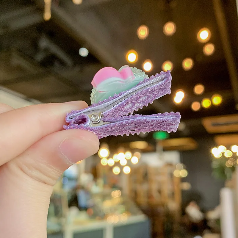 

2Pcs New Girls Colorful Lace Duckbill Clip Crystal Fruits Hairpin for Children Cute Headdress Fashion Hair Accessories 2021 Hot