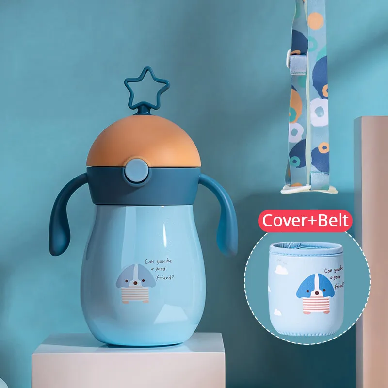 blue with coverbelt Sunveno, 260 мл, мультяшный детский термос, чашка с мягким носиком, соломинка, непроливайка, Гравитационный шар, чашка для воды, бутылка для воды - Цвет: blue with coverbelt