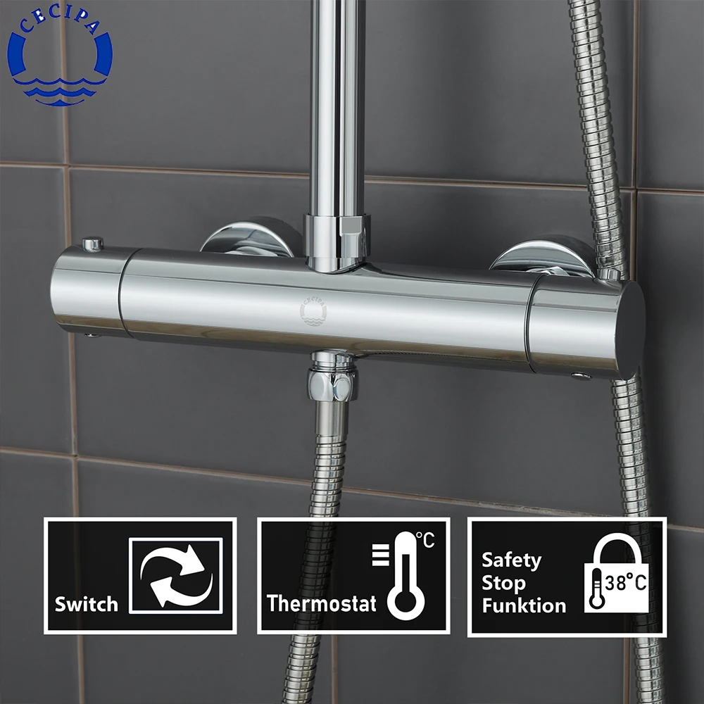 CECIPA Chrome Shower System Set With 38℃ Thermostatic Faucet Height Adjustable Slide Bar Safety Lock Bathroom Fixtures | Строительство