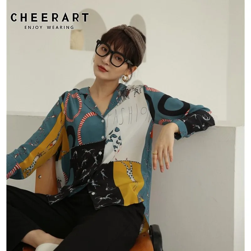 Женская шелковая атласная блузка Cheerart рубашка с длинным рукавом отложным