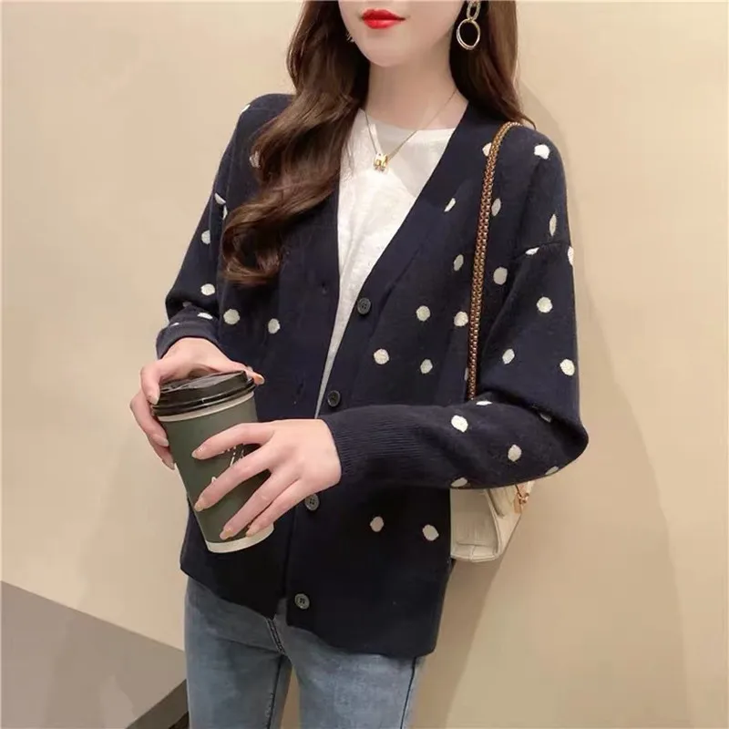 

Stylish Sweater Jacket Coat Knitted Cardigan Lady Casual Dot Print Jackets Loose Sweaters Outerwear Women Elegant Top Female