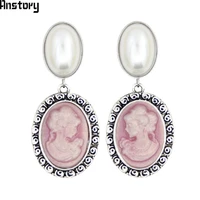 oval pearl earrings stud for women lady queen cameo stud vintage look antique silver plated fashion jewelry te492