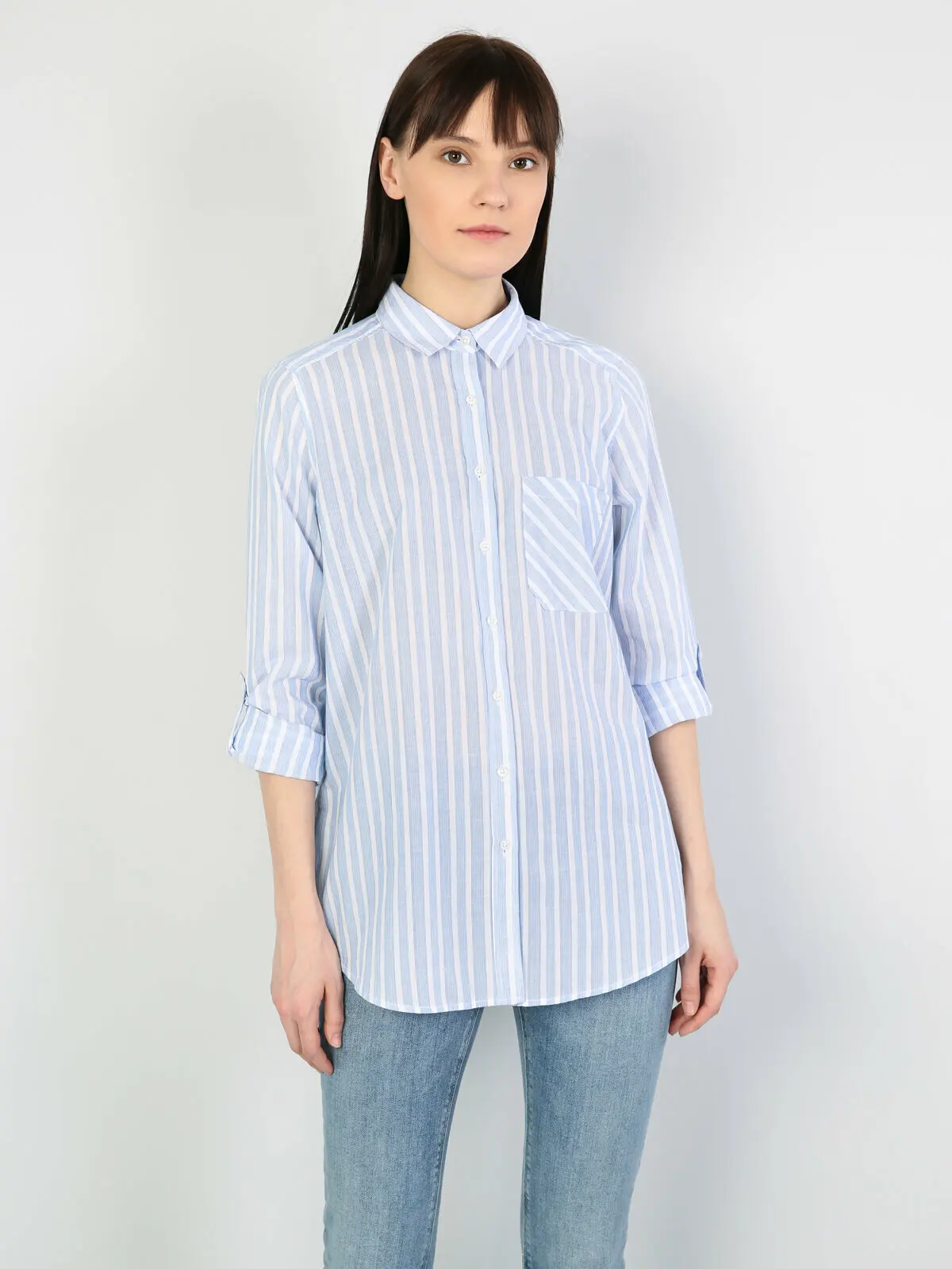 

Colins Woman Regular Fit Blue Long Sleeve Shirtfemale fashion shirt women,CL1042799