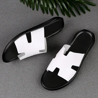 hot sale genuine leather men slippers outside black white shoes casual soft flip flops brand male shoes cool beach summer slides