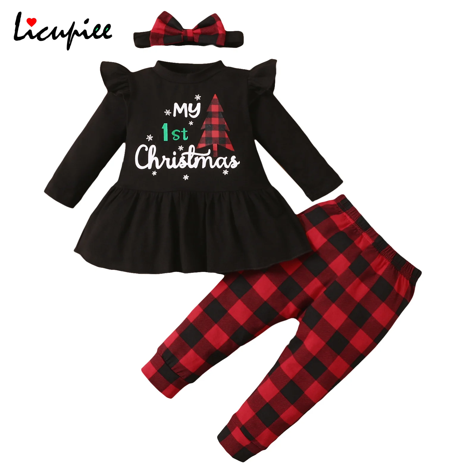 

0-18 Months Baby Girls Christmas Set Three-piece Clothes Set, Printed Pattern Round Collar Tops, Pants and Headdress, Black/ Red