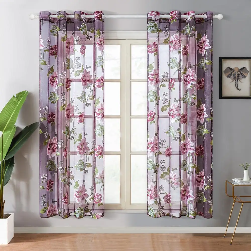 

Purple Floral Tulle Sheer Curtains for Living Room Bedroom Kitchen Shade Window Drape Elegant Peony Voile Curtain Blinds Panel