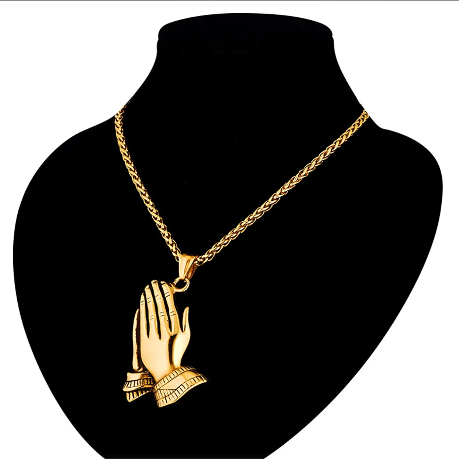 

Hip Hop Jewelry The Praying Hands Pendant Necklaces Women Men Gold Long Chain Stainless steel Necklace Hiphop