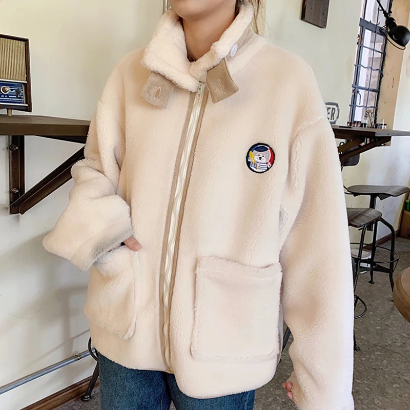 WKFYY Women Winter Causal Beige Lambswool Cartoon Beer Embroidery Stand Collar Thick Oversize Jacket Coat Outwear C4004