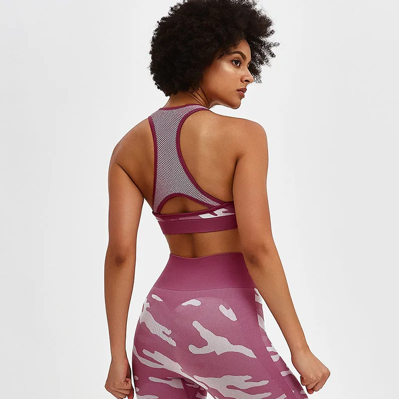 

2 Piece Set Camo Yoga Clothes Suit Woman Sportswear Dry Fit Gym Fitness Sport Bra and Leggings Wear Workout Female Backless E30
