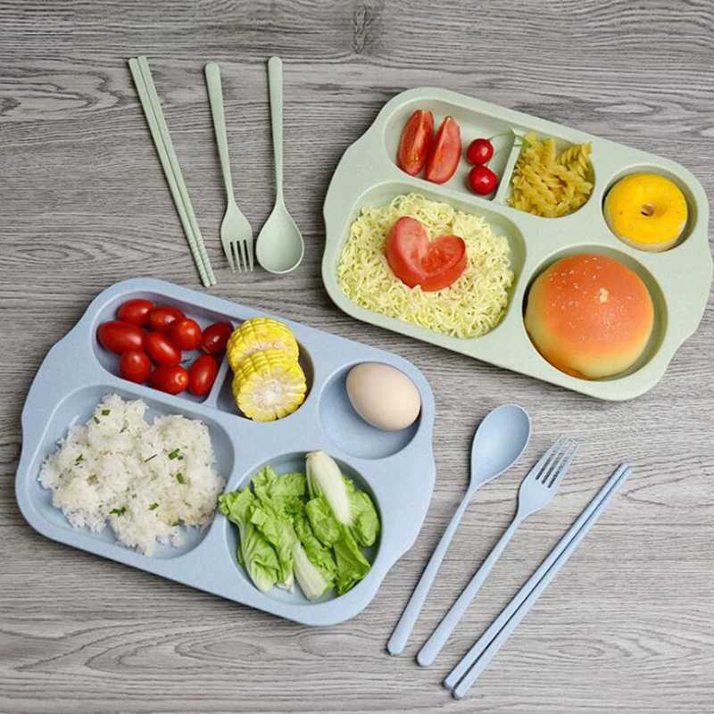 

4pcs/Set Baby Lovely Bowl Wheat Material Children's Sectional Dinner Plate Wheat Straw Material Bowl Tableware Set Plastic Solid
