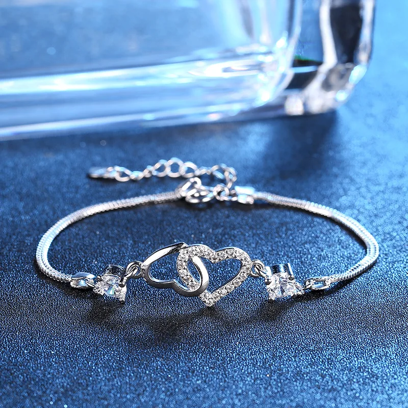 Женский двухслойный браслет из серебра 925 пробы с цирконом|Гибкие и жесткие
