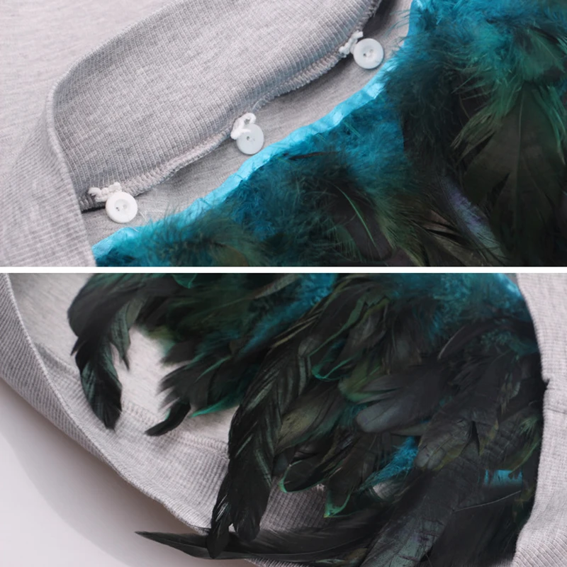 [TWOTWINSTYLE] Осенняя удлиненная футболка оверсайз с длинными рукавами и перьями