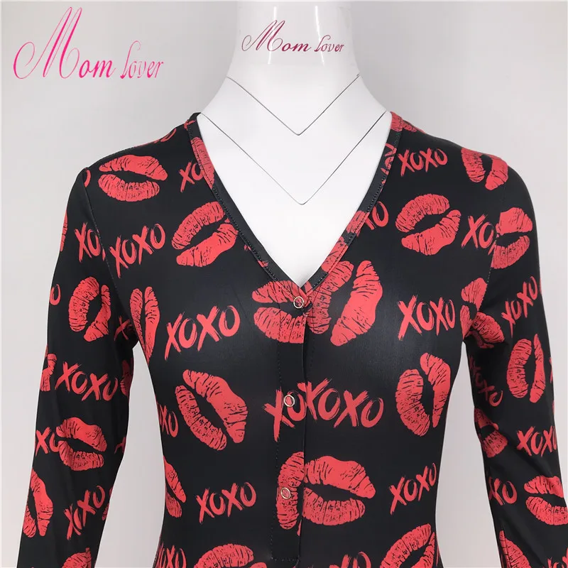 

2020 New Hot Sale Red Lips Pattern Sexy Goddess Jumpsuit Deep V-Neck Tights Pajamas Jumpsuit Long Sleeve Button Tights Shorts