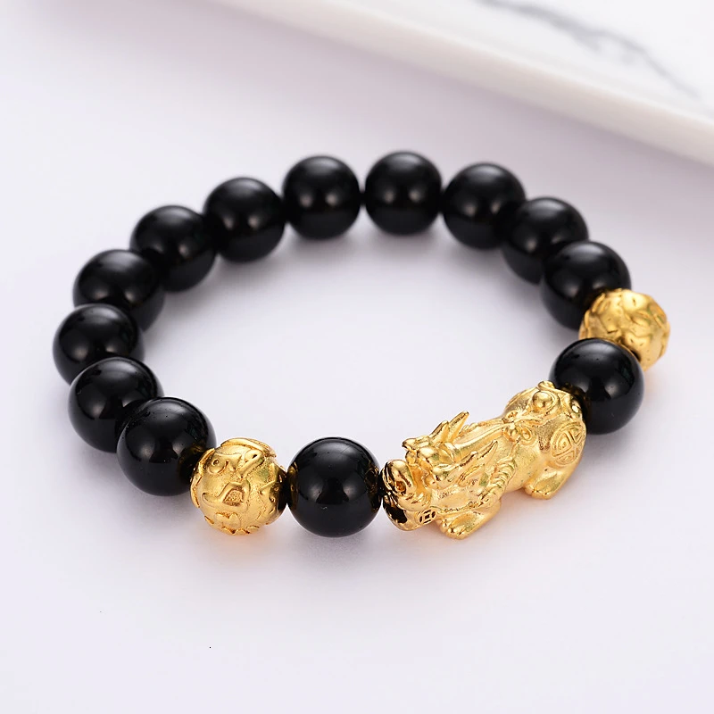 Модный браслет со счастливым имитацией обсидиана животное пиксиу золотой цвет