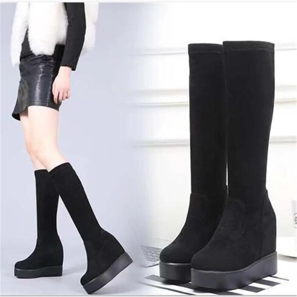 High Tube Boots Women 2022 New Flock Rear Lace Up Knight Booties Thick Bottom Shoes Inner Increase Elastic Fashion Boots Black