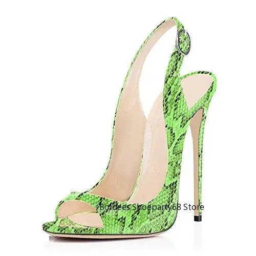 

Snake Skin Printed Pattern Thin High Heel Sandals Woman Peep Toe Back Strap Buckle Design Colorful Snakeskin Shallow Summer Shoe