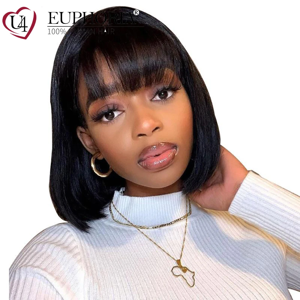 

Natural Color Straight Wigs With Bangs Brazilian 9A Remy Human Hair Full Machine Wig Burg Blonde Color 8-28Inch EUPHORIA