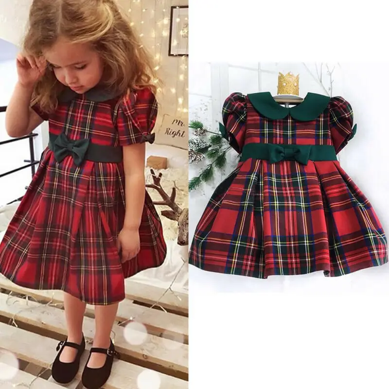 Imcute От 0 до 4 лет на Рождество, новорожденных, малышей и детей младшего возраста состоящий из Детское платье для маленьких девочек в красную клетку хлопковое платье принцессы для девочек вечерние короткий рукав рождественское платье Одежда для девочек