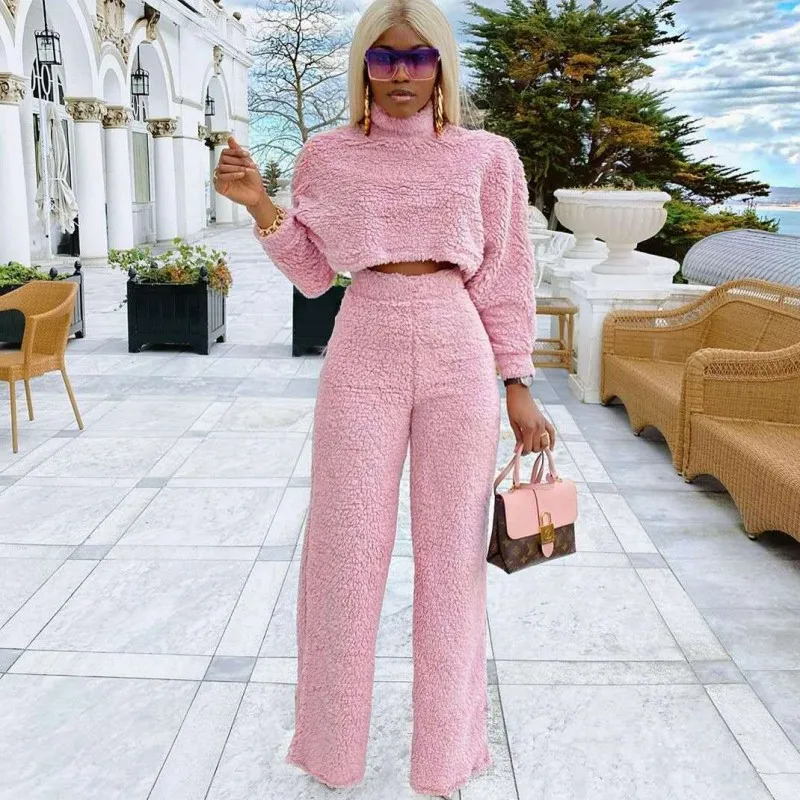 

Pink Elegant Fleece Plush Office Lady Two Piece Set Winter Long Sleeve Crop Top And High Waist Pants Female Velor Outfit Lounge