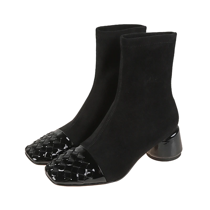 

Trendy Square Toe Black Stitching Woven Elastic Autumn Winter Boots Single Riga Velvet Niche Personality Student Lady Ankle Boot