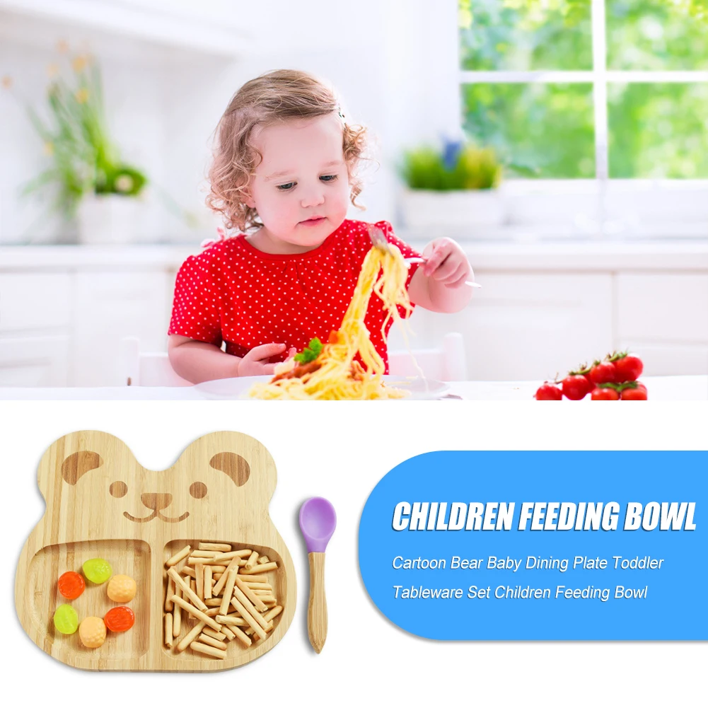 

Cartoon Bear Baby Dining Plate Toddler Tableware Set Child Feeding Bowl Spoon Kids Anti-fall Dishes pour bbs