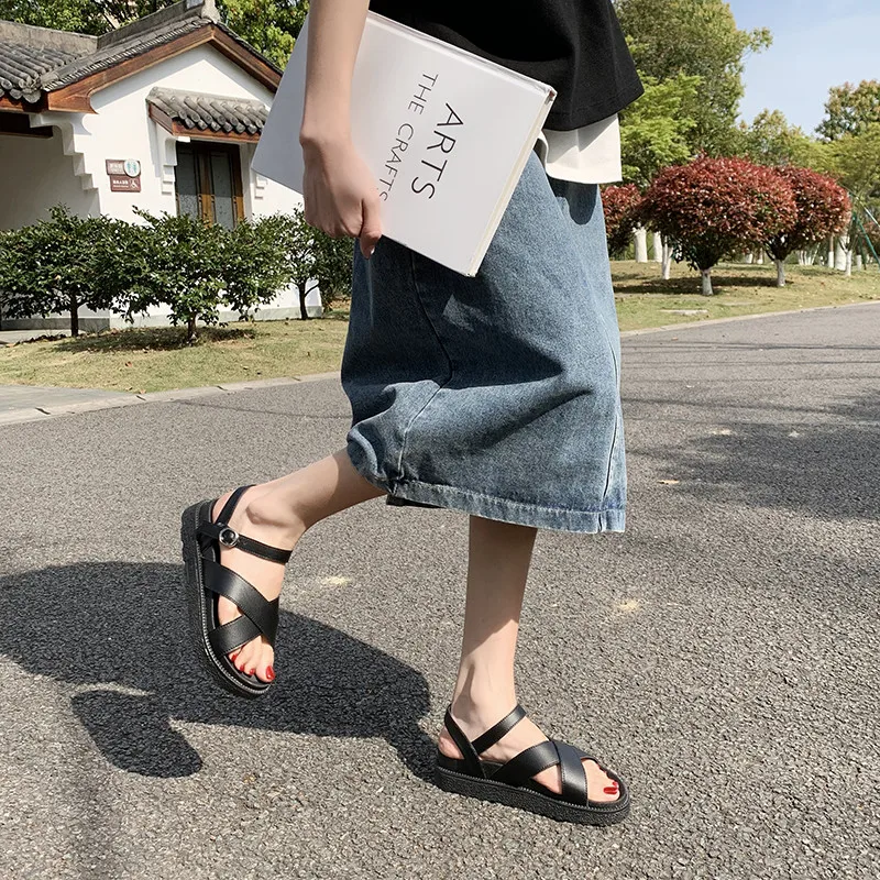 

2021 Summer Roman Sandals Sale Of Women's Shoes Suit Female Beige Med All-Match Clear Heels Cross Gladiator Flat New Black Mediu