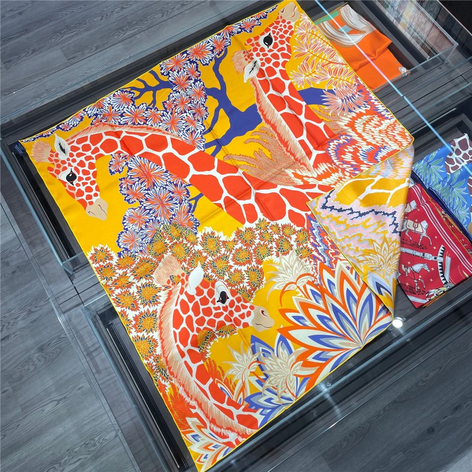 

90cm Double Sided 100% Natural Silk Scarf Design Giraffe Brand Square Women Scarf Shawl Hand Rolled Edges Bandana Neckerchief