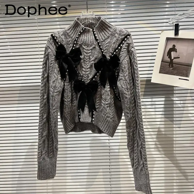 

Женский Укороченный трикотажный свитер, белый свитер с воротником-хомутом и бантом, украшенный жемчужинами, Осень-зима 2021