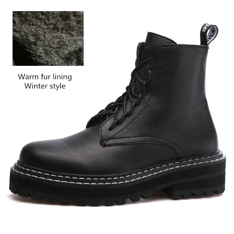 Black-Fur Lining Роскошный бренд; Новинка года; Модные женские ботинки из воловьей кожи; Зимние Женские однотонные Ботинки martin; короткая теплая хлопковая обувь - Цвет: Black-Fur Lining