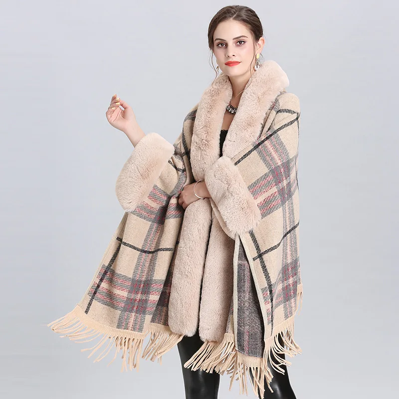 

Зимняя новая клетчатая накидка SWONCO для женщин, Свободное пальто, зимнее 2021 искусственное шерстяное пальто, женская накидка с кисточками, те...