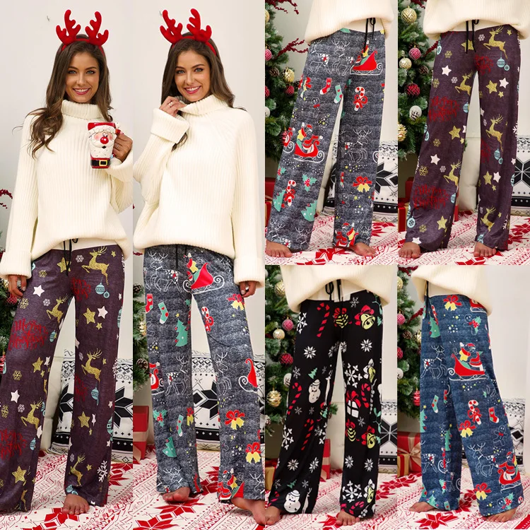 

Женские Удобные повседневные Пижамные брюки, рождественские Стрейчевые брюки с широкими штанинами и кулиской, длинные брюки для отдыха