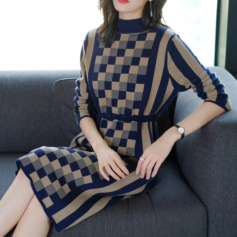 

Long Knitt Sweater Pullover 2020 New Autumn Winter Fashion Women's Sweater Jumper Ladies Soft Plaid Elegant Knitting Dress A279