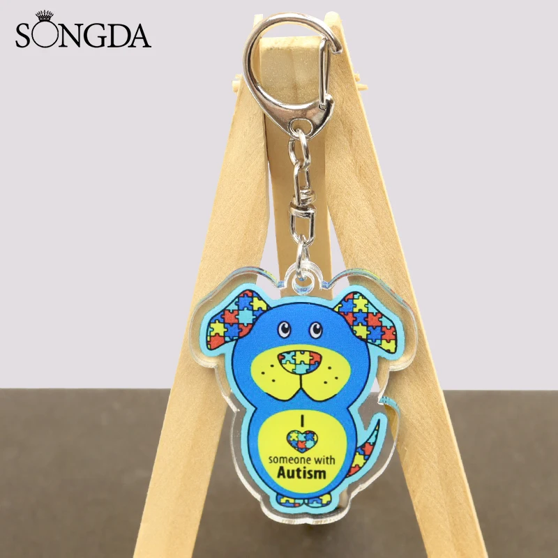 

Help Raise Autism Awareness Theme Acrylic Keychain Red Ribbon Puzzle Love Double-Sided Keyring Unisex Jewelry Decorations Gift