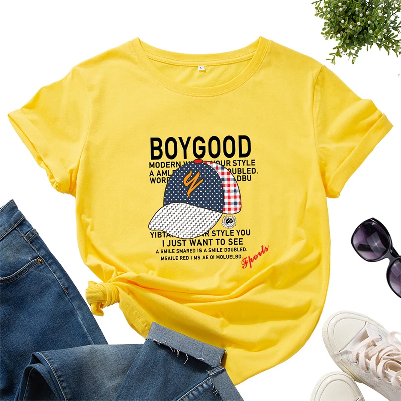 

Summer Hat Letter Print T-Shirt for Women Oversized Loose Tshirts Female Basic Casual Cotton Tees Comfort Pullover Tshirts Mujer