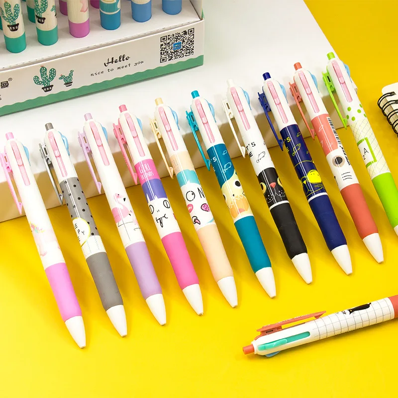 4Pcs 4 Color Cartoon Ballpoint Pens Kawaii Cat Multicolor Pen 0.5mm Color Ink Push Style Ball Pen Cute School Office Supplies delvtch 0 7mm 4pcs set multicolor pen fine point 4in1 colorful retractable ballpoint pens multifunction ball pen office student