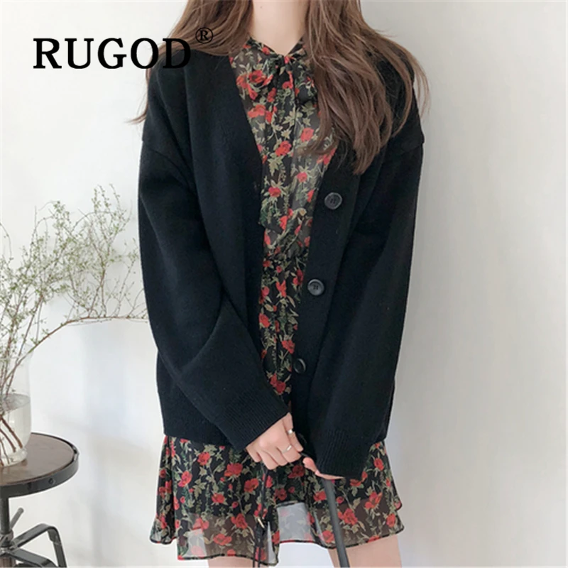 RUGOD Cardigan women Korean solid single-breasted V neck knitted lady sweater coat 2019 Fashion auturm warm oversized outwear |