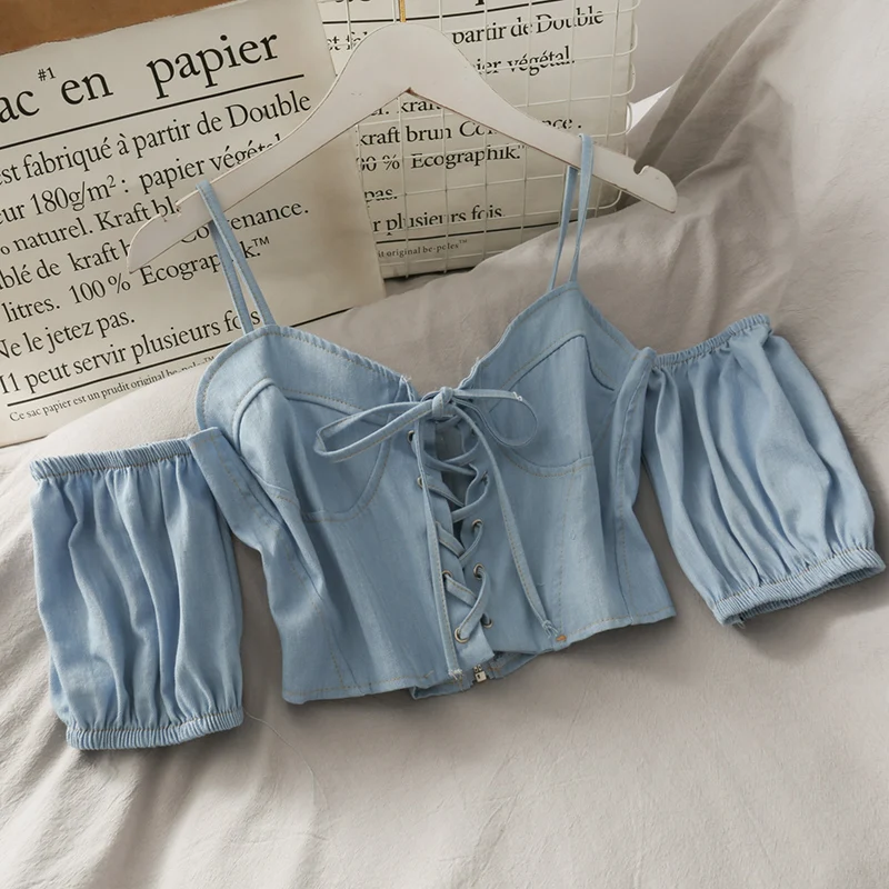 Блузка женская с открытыми плечами синяя джинсовая рубашка бандажный