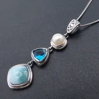 natural larimar 925 sterling silver antique design blue topaz genuine stone pearl charm pendant for women gift without chain