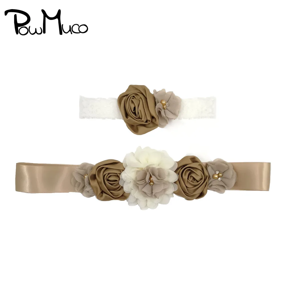 

Powmuco Hand Sewn Rhinestone Beads Flowers Belt and Hairband Set Handmade Chiffon Floral Women Sash Lace Headband Birthday Gifts