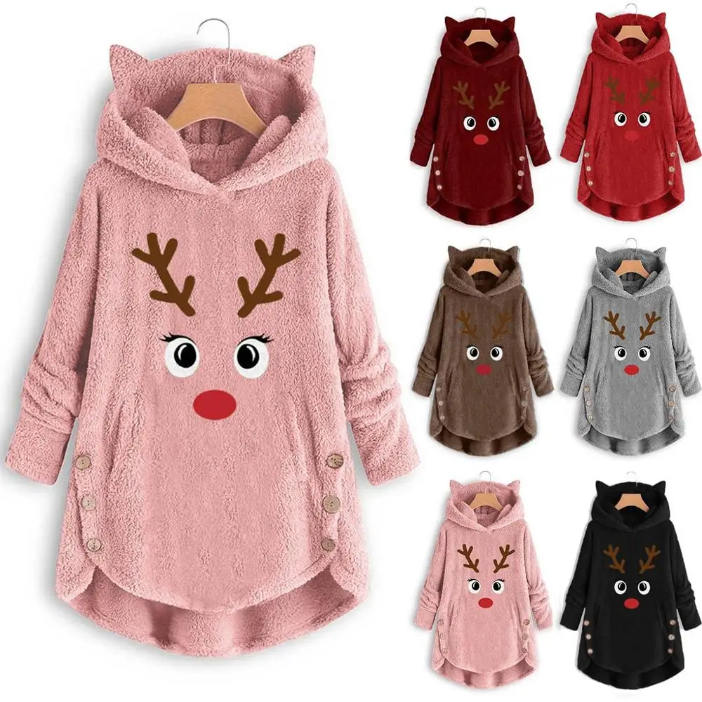 

Christmas Casual Tops Sweaters Fashion Women Printed Cat Ears Hooded Large Size Long Sleeve Button Sweater Warm Pullover