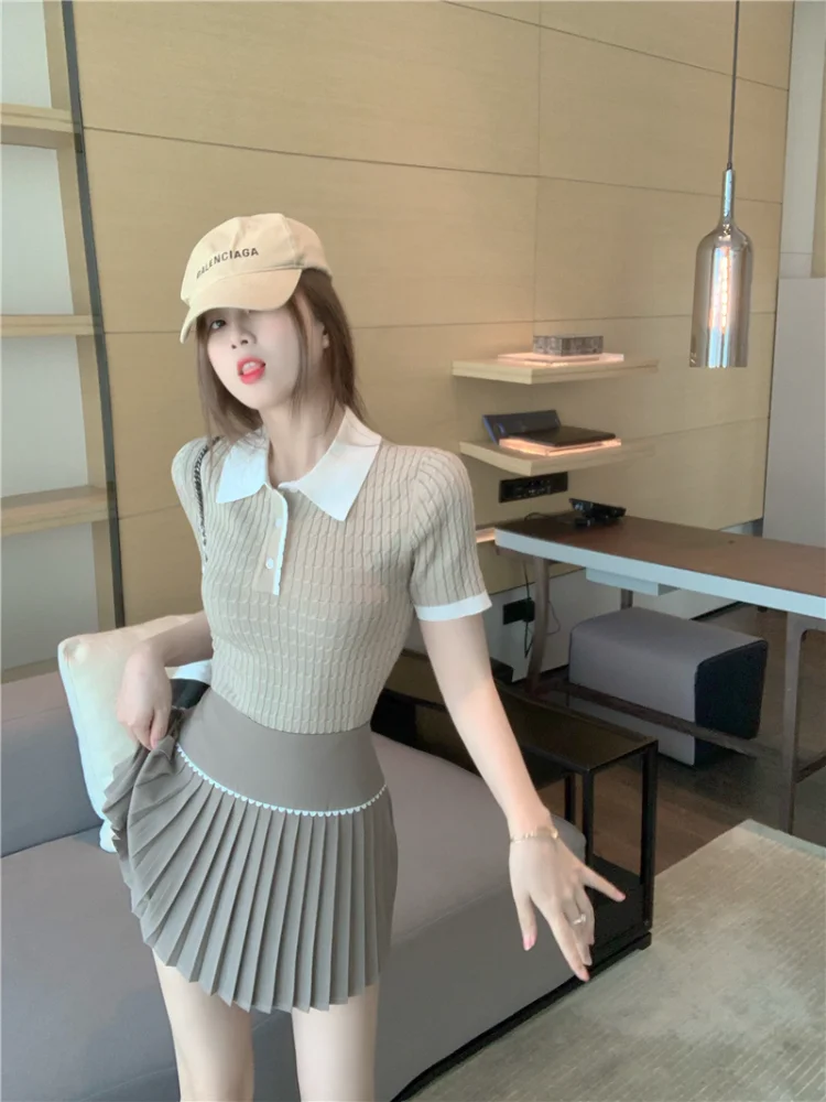 

2021 Fashion Women's Clothing Short Sleeve Knit Lapel Stripe Tops Summer New Korean Version Slim High Waist Pleated Skirt